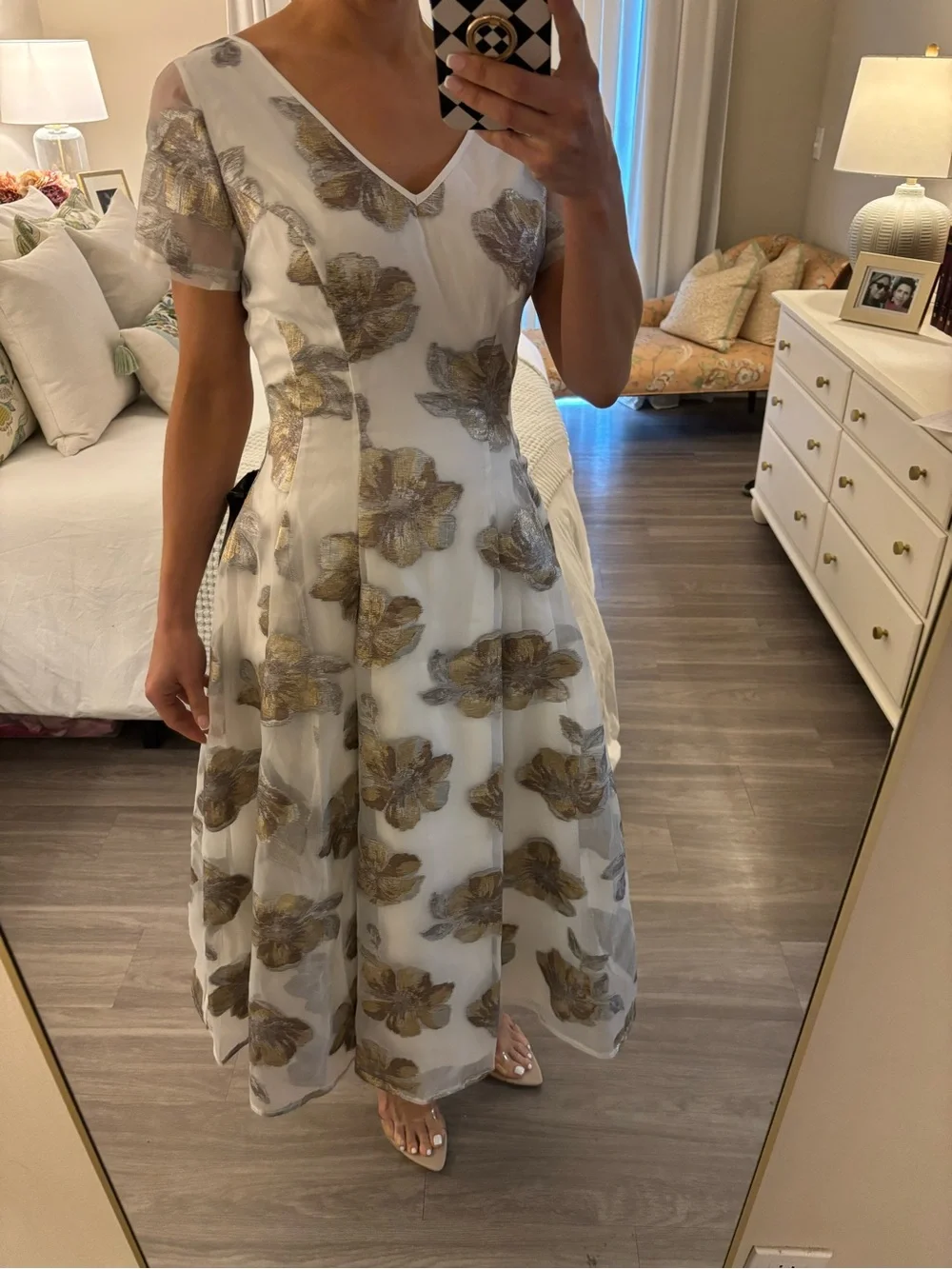Shani Collection Ivory Gold Floral Jacquard Midi Dress NWT | Size 6